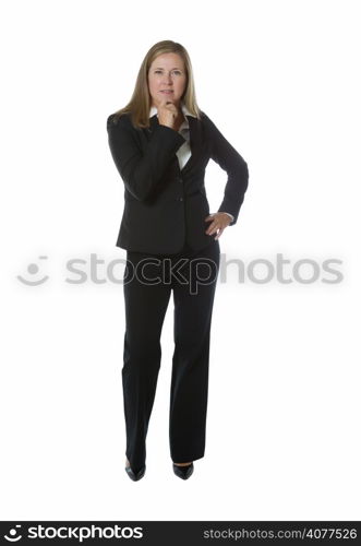 Business woman, looking forward, with chin in hand while isolated on white