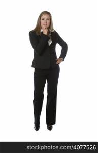 Business woman, looking forward, with chin in hand while isolated on white