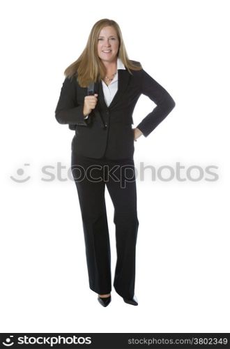 Business woman, looking forward, with laptop carry case on her shoulder, while isolated on white
