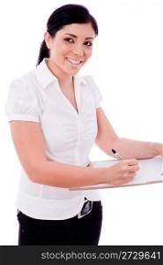 Business woman looking right corner with her Clip board,on a white isolated backgroud