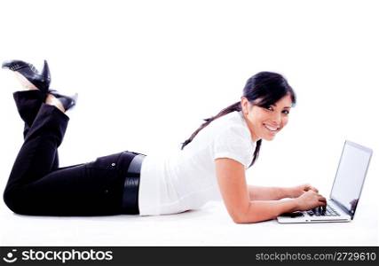 Business woman lying with laptop on white isolated background