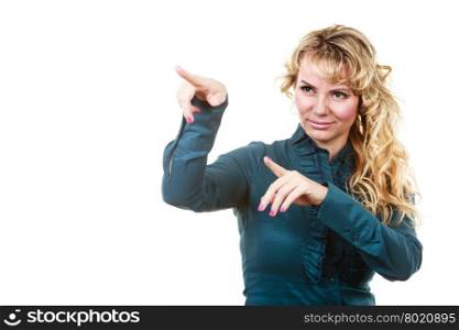 Business woman make showing gesture. Middle aged professional manager woman make showing gesture. Businesswoman blondie female isolated on white.