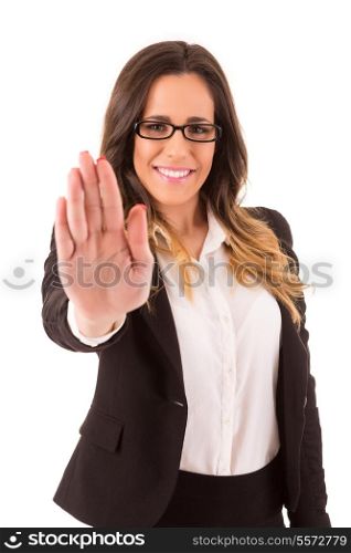 Business woman making stop sign