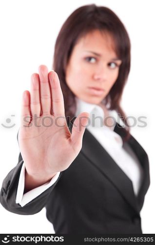 Business woman, making stop sign - focus on hand