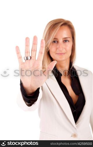 Business woman making stop sign - isolated over white