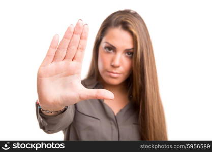 Business woman making stop sign - isolated over white