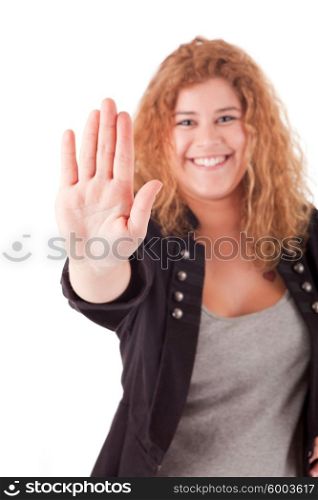 Business woman making stop sign over white background