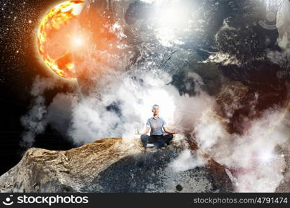 business woman meditating. Businesswoman sitting in lotus flower position against space background