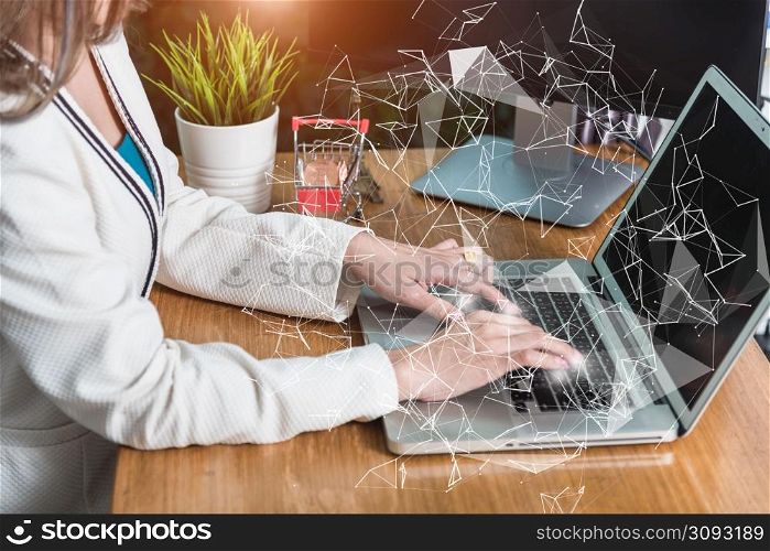 Business woman networking with laptop on holographic global social media concept
