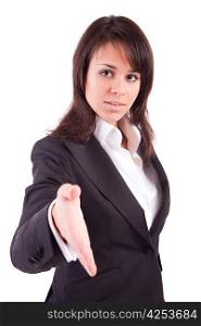 Business woman offering handshake - isolated over white