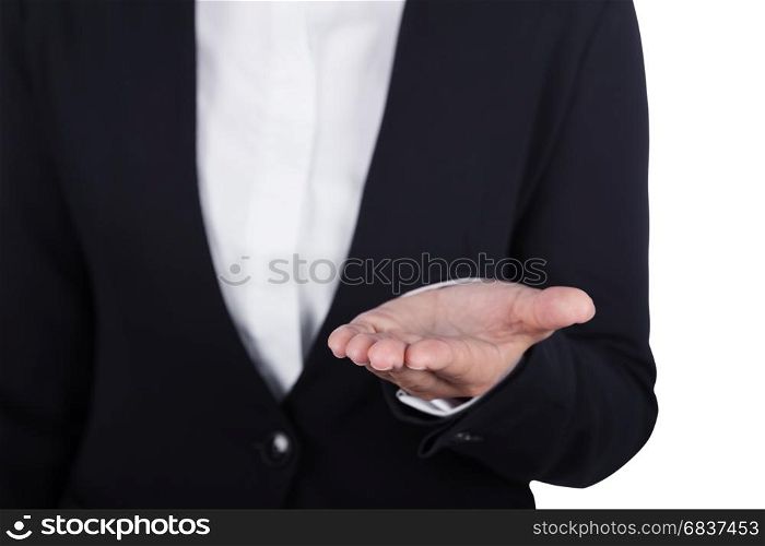 business woman open hand holding something (with clipping path) isolated on white background
