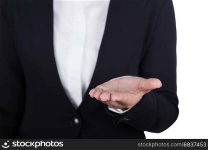 business woman open hand holding something (with clipping path) isolated on white background