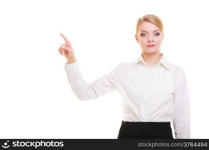 Business woman point finger empty copy space, businesswoman showing side, concept advertisement product push touch screen, pressing digital virtual button. Isolated on white background