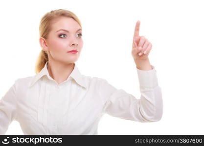 Business woman point finger empty copy space, businesswoman showing side, concept advertisement product push touch screen, pressing digital virtual button. Isolated on white background