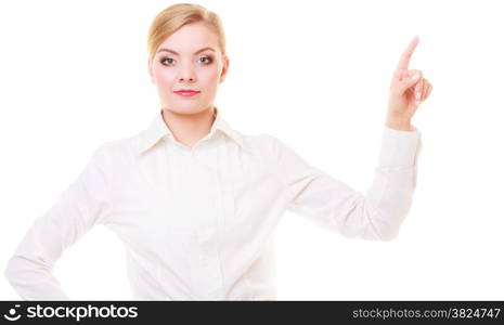 Business woman point finger empty copy space, businesswoman showing side, concept advertisement product push touch screen, pressing digital virtual button. Isolated on white background