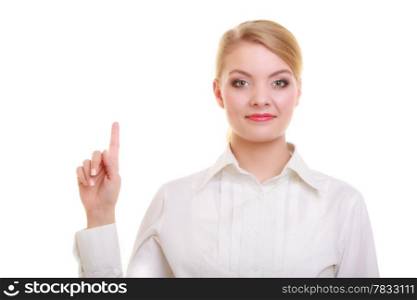 Business woman point finger empty copy space, businesswoman showing side, concept advertisement product push touch screen, pressing digital virtual button. Isolated on white background