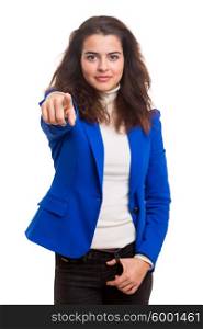 Business woman, pointing at you - isolated over white