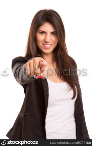 Business woman, pointing at you - isolated over white