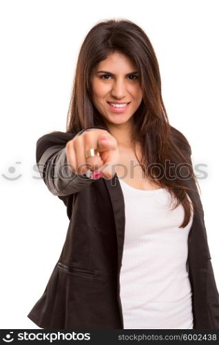 Business woman, pointing at you - isolated over white
