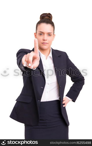 Business woman, pointing at you - isolated over white