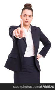 Business woman, pointing at you - isolated over white