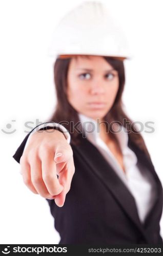 Business woman, pointing forward - focus on finger