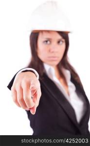 Business woman, pointing forward - focus on finger