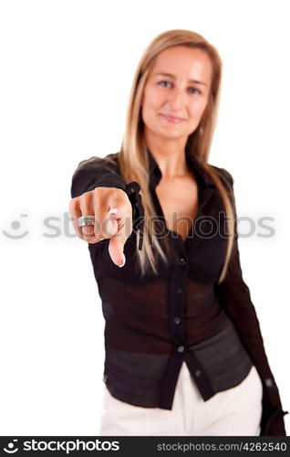 Business woman, pointing forward - isolated over white