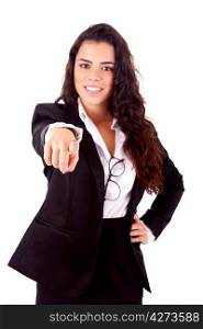 Business woman, pointing forward - isolated over white