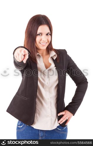 Business woman, pointing forward - isolated over white