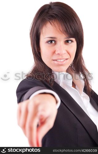 Business woman, pointing forward - isolated over white background