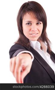 Business woman, pointing forward - isolated over white background