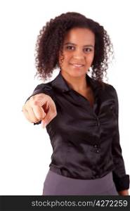 Business woman, pointing forward - selective focus on finger