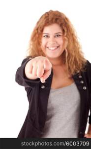 Business woman, pointing forward - selective focus on finger