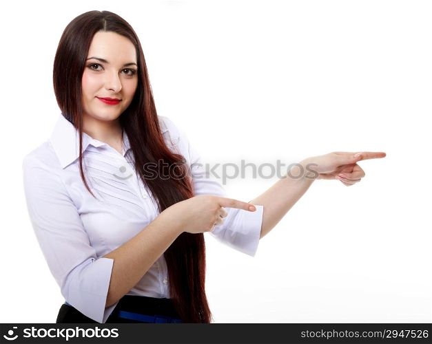 business woman pointing her finger against someone, showing empty copy space. White background
