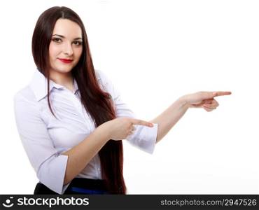 business woman pointing her finger against someone, showing empty copy space. White background