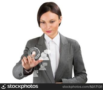 Business woman pointing her fingers on virtual web interface icons