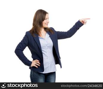 Business woman pointing to something, isolated over white