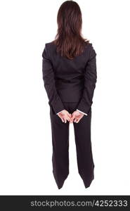 Business woman posing backwards isolated over white