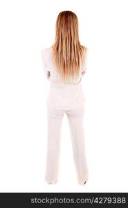 Business woman posing backwards isolated over white