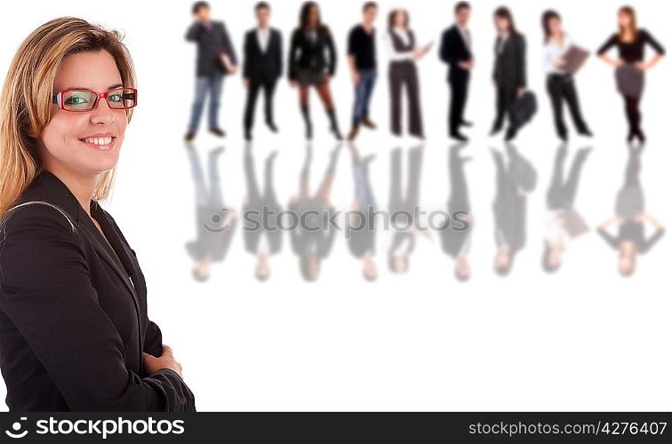 Business woman posing, with people in background