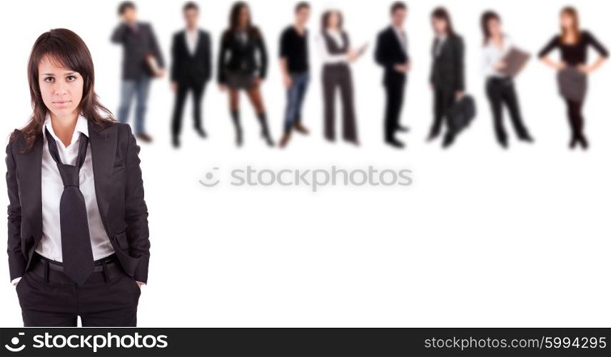Business woman posing, with people in background