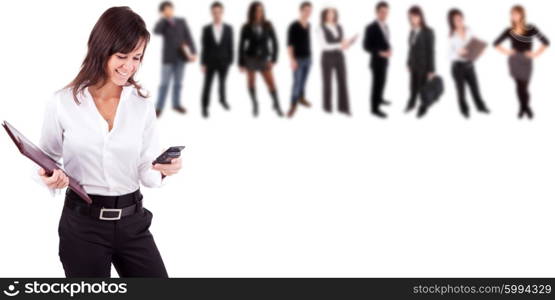 Business woman posing, with people in background