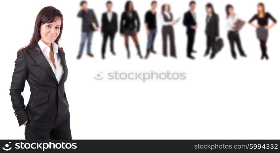 Business woman posing, with people in background