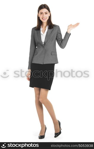 Business woman presenting a copyspace. Business woman presenting a copyspace. Isolated on white background.