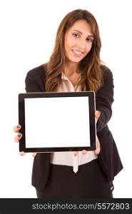 Business woman presenting your product in a digital tablet computer