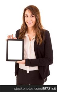 Business woman presenting your product in a digital tablet computer