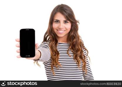 Business woman presenting your product on a last generation smartphone