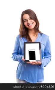 Business woman presenting your product on a last generation smartphone and tablet computer
