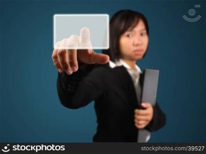 business woman pressing a touch screen interface